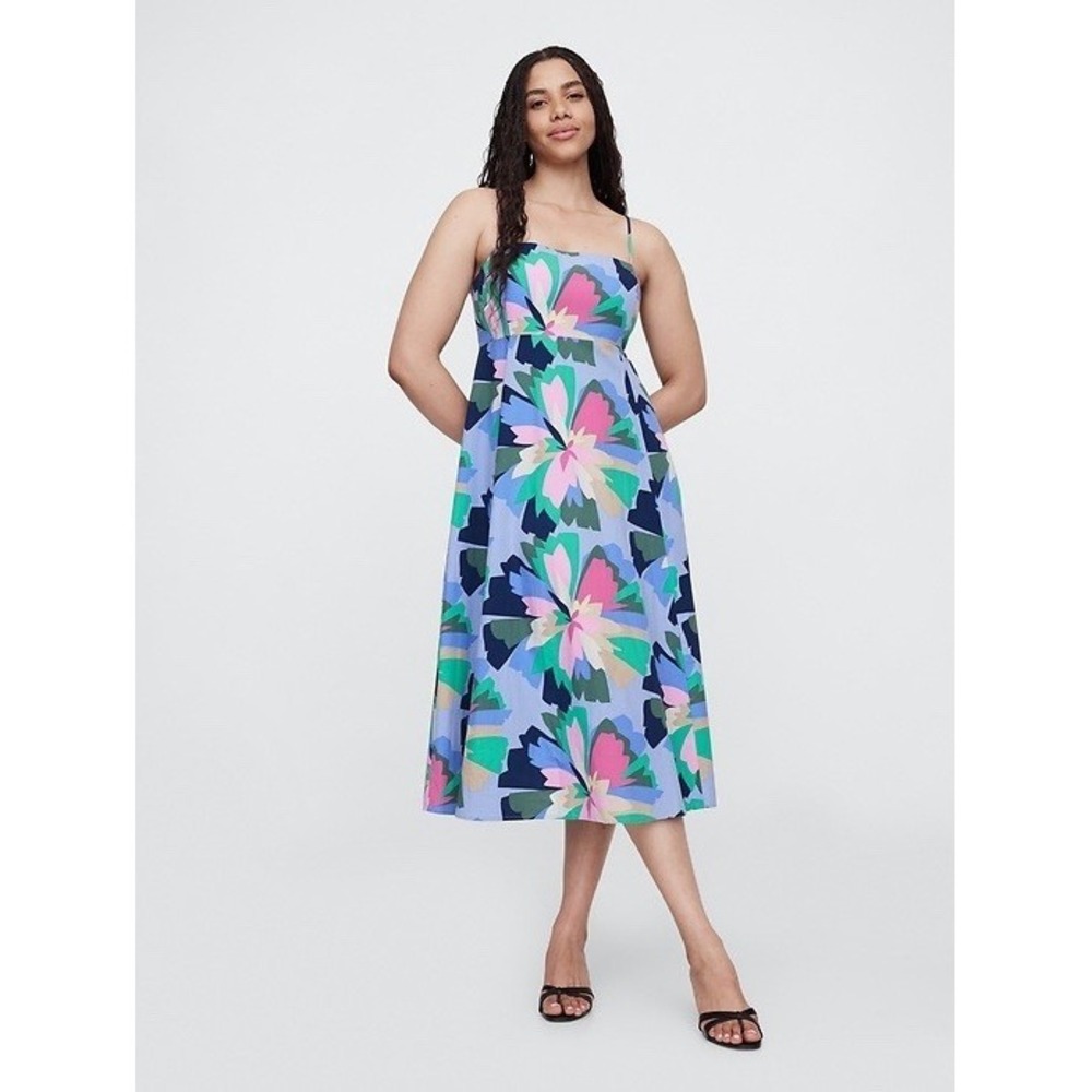 Gap Poplin Print Squareneck Midi Dress Blue Floral AOP Spaghetti Strap Women XXL